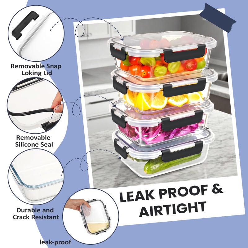 HOTEC 35OZ Glass Food Storage Container, Airtight Glass Lunch Fruit Containers with Lids - Microwave, Oven, Freezer and Dishwasher Safe, 4-PACK - Image 4