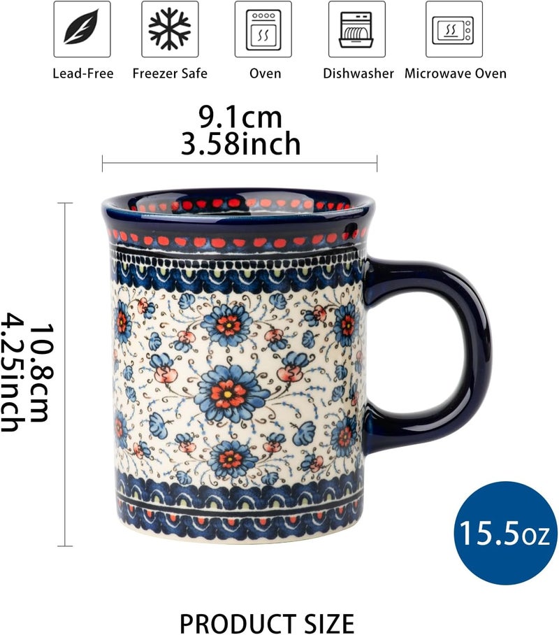 ONECCI Ceramic Latte Mug Set of 4 155oz Hand Painted Porcelain Coffee Cups With Handle for TeaMilkCocoa  Modern Retro Design For Any Kitchen Microwave and Dishwash Safe Blue plasma grass - Image 2