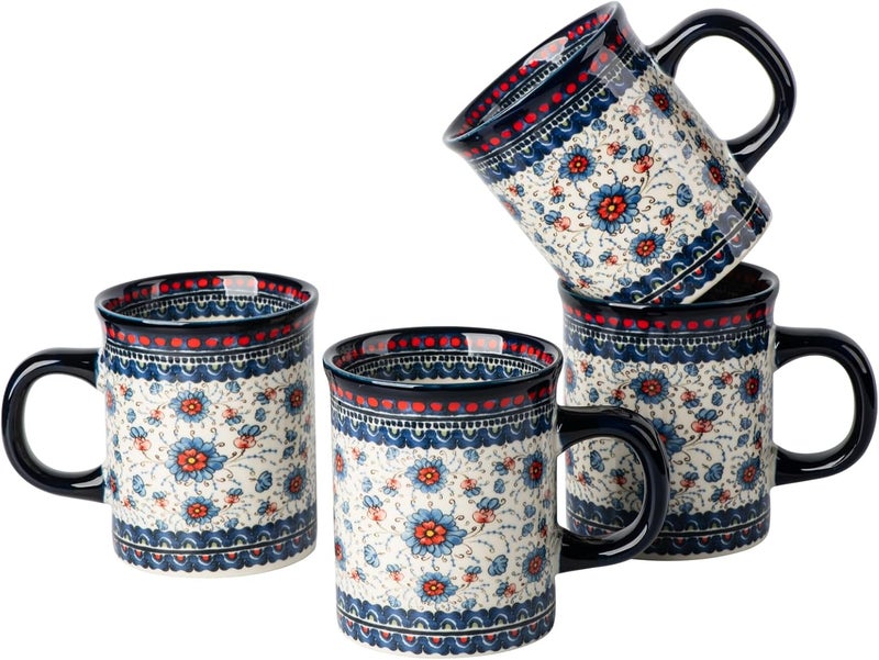 ONECCI Ceramic Latte Mug Set of 4 155oz Hand Painted Porcelain Coffee Cups With Handle for TeaMilkCocoa  Modern Retro Design For Any Kitchen Microwave and Dishwash Safe Blue plasma grass - Image 1