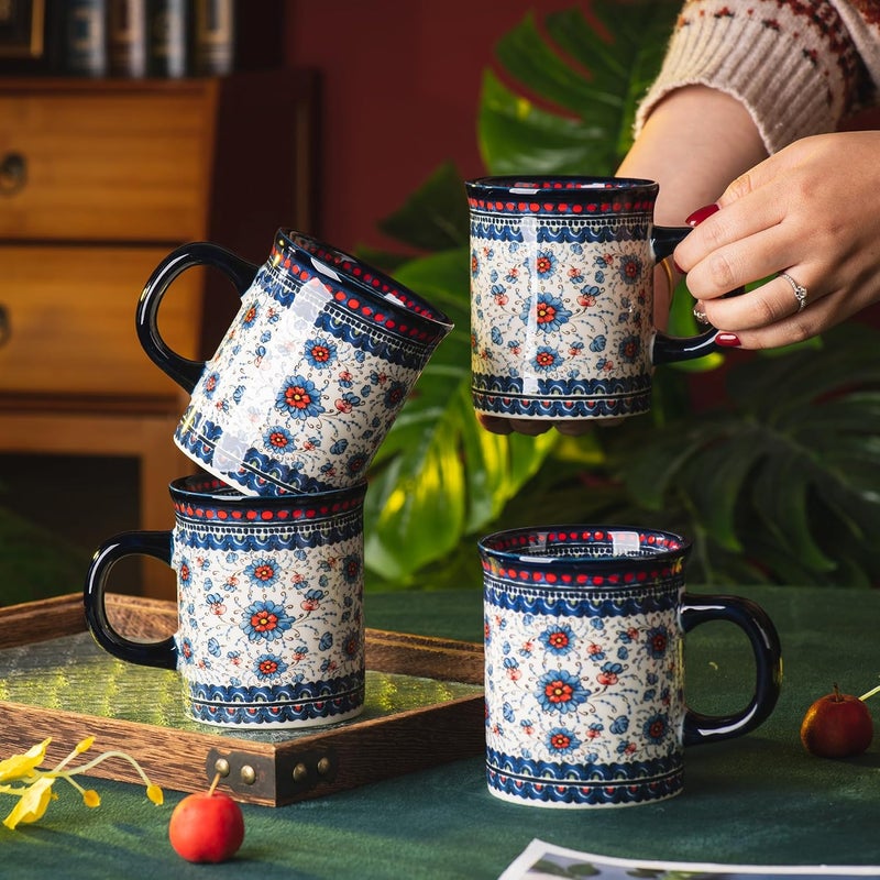 ONECCI Ceramic Latte Mug Set of 4 155oz Hand Painted Porcelain Coffee Cups With Handle for TeaMilkCocoa  Modern Retro Design For Any Kitchen Microwave and Dishwash Safe Blue plasma grass - Image 5