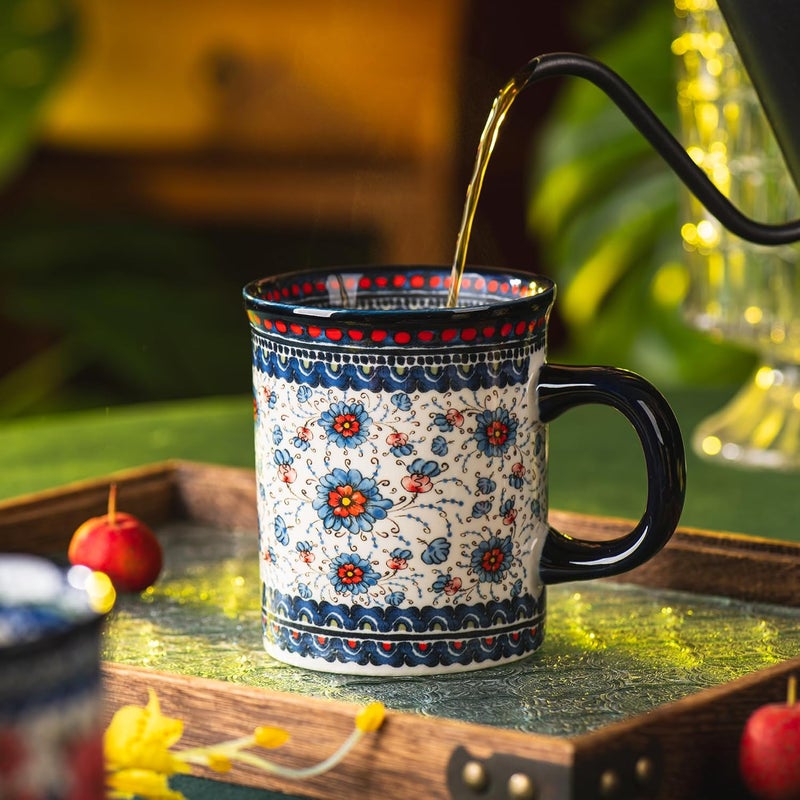 ONECCI Ceramic Latte Mug Set of 4 155oz Hand Painted Porcelain Coffee Cups With Handle for TeaMilkCocoa  Modern Retro Design For Any Kitchen Microwave and Dishwash Safe Blue plasma grass - Image 4