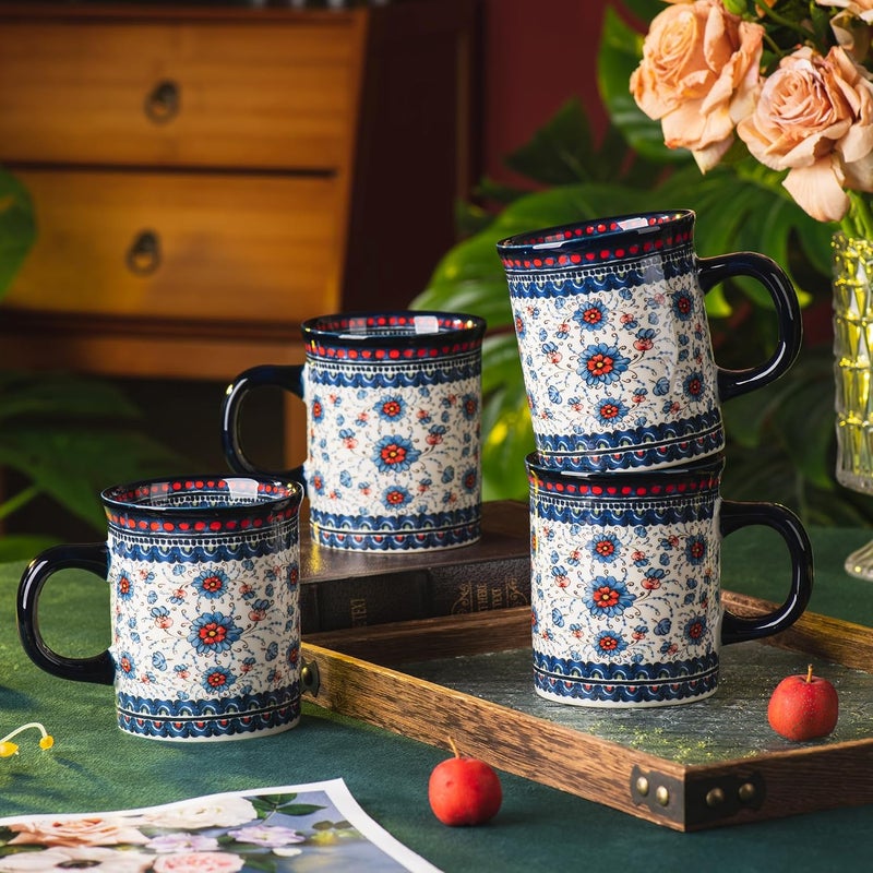 ONECCI Ceramic Latte Mug Set of 4 155oz Hand Painted Porcelain Coffee Cups With Handle for TeaMilkCocoa  Modern Retro Design For Any Kitchen Microwave and Dishwash Safe Blue plasma grass - Image 3