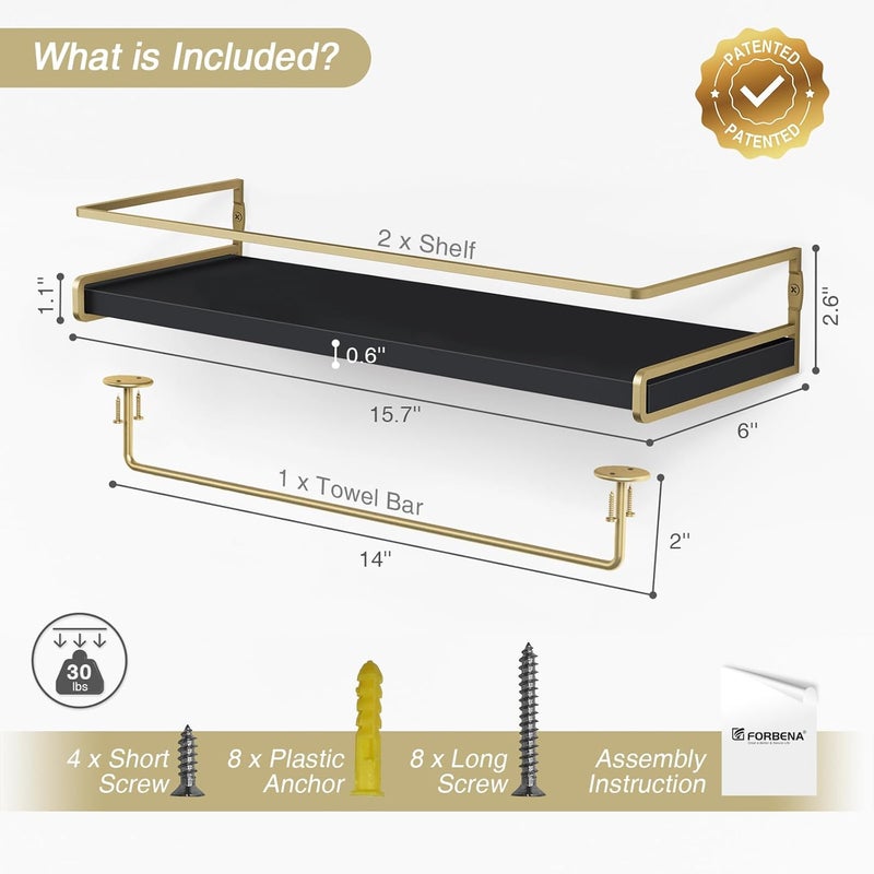 Forbena Black and Gold Bathroom Floating Shelves for Wall, Decorative Wall Mounted Shelves for Kitchen Coffee Bar Station Organizers and Storage, Hanging Shelving Unit for Bedroom Living Room (2-Pack) - Image 3