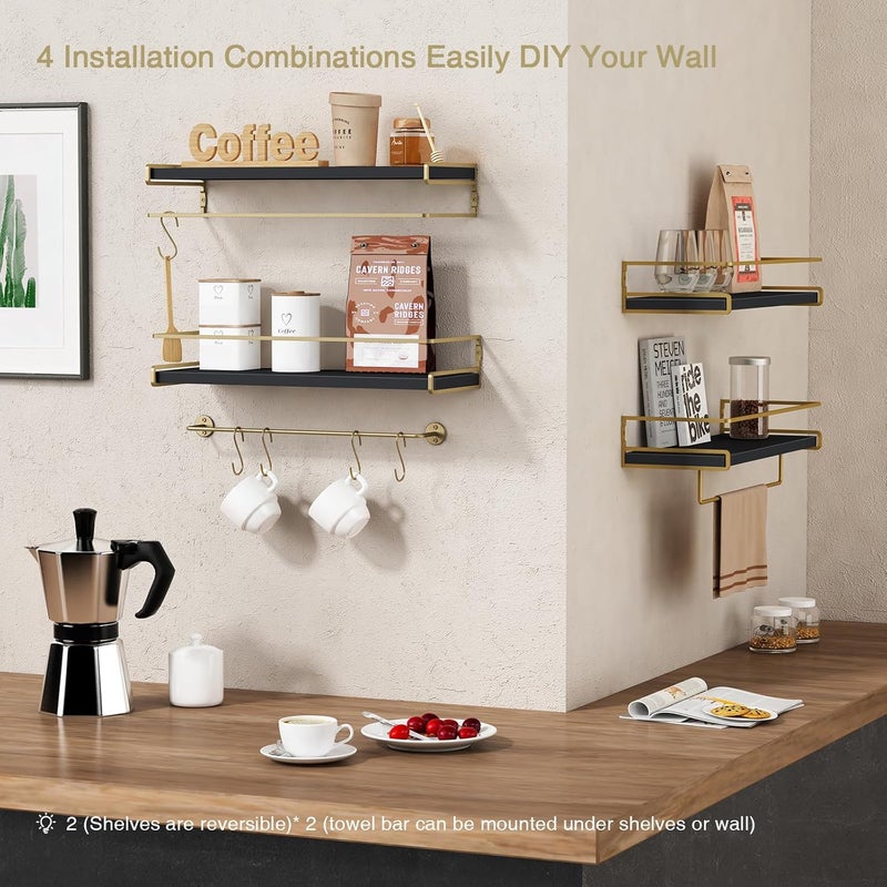 Forbena Black and Gold Bathroom Floating Shelves for Wall, Decorative Wall Mounted Shelves for Kitchen Coffee Bar Station Organizers and Storage, Hanging Shelving Unit for Bedroom Living Room (2-Pack) - Image 4