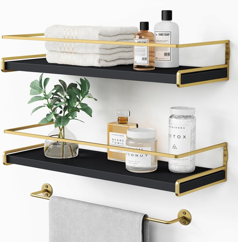 Forbena Black and Gold Bathroom Floating Shelves for Wall, Decorative Wall Mounted Shelves for Kitchen Coffee Bar Station Organizers and Storage, Hanging Shelving Unit for Bedroom Living Room (2-Pack) - Image 1