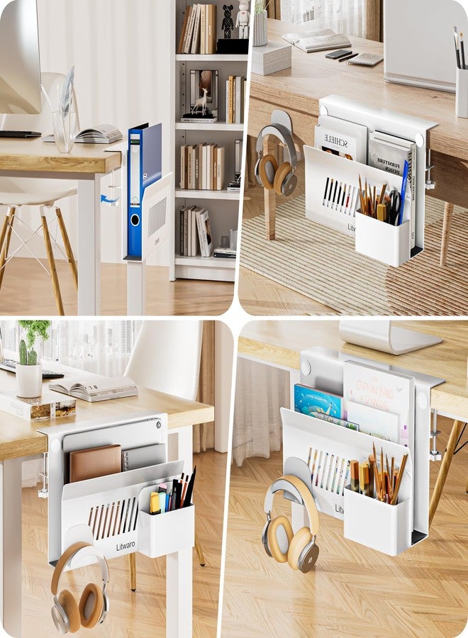 Litwaro Desk Side Storage, Laptop Holder for Standing Desk Accessories, Hanging Desk Organizer with Magnetic Pen Holder, Under Desk Storage for Office - White - Image 5