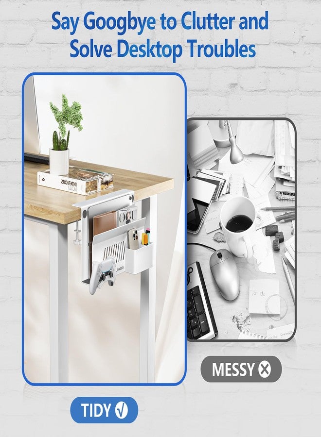 Litwaro Desk Side Storage, Laptop Holder for Standing Desk Accessories, Hanging Desk Organizer with Magnetic Pen Holder, Under Desk Storage for Office - White - Image 3