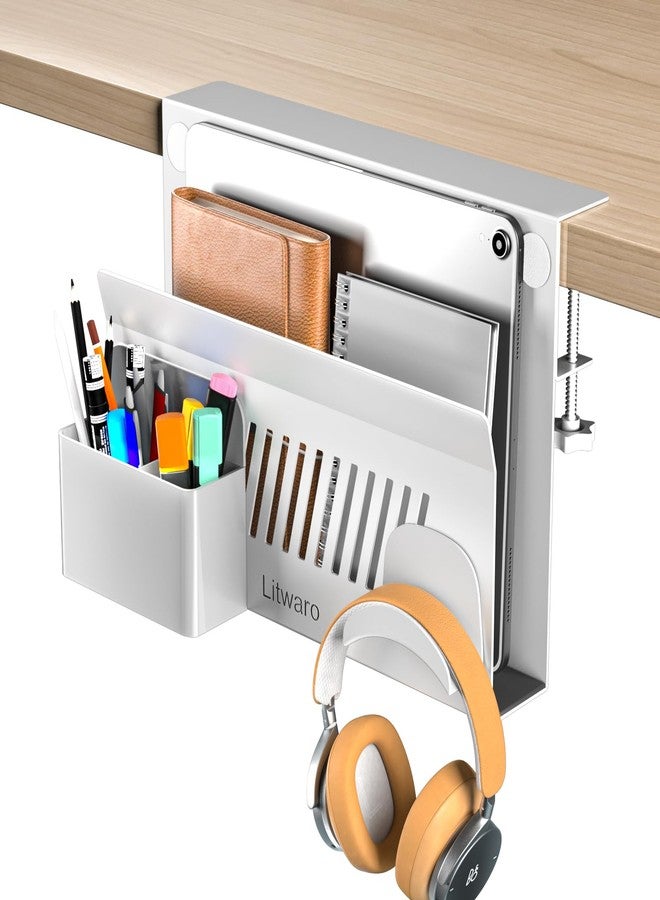 Litwaro Desk Side Storage, Laptop Holder for Standing Desk Accessories, Hanging Desk Organizer with Magnetic Pen Holder, Under Desk Storage for Office - White - Image 1