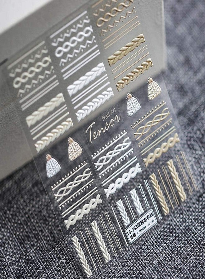 GANPUB Winter Knit Sweater Cloth Pattern Nail Art Sticker Decals 5D Embossed French White Lace Lattice Nail Art Supplies for Women DIY Manicure Art(TS-333), Accessories - Image 1
