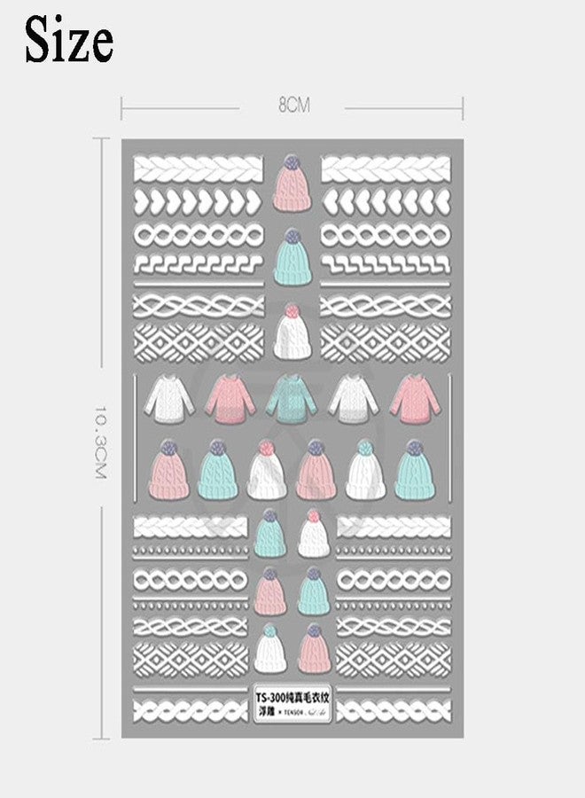 GANPUB Winter Knit Sweater Cloth Pattern Nail Art Sticker Decals 5D Embossed French White Lace Lattice Nail Art Supplies for Women DIY Manicure Art(TS-333), Accessories - Image 2
