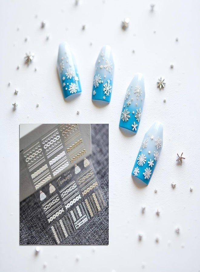 GANPUB Winter Knit Sweater Cloth Pattern Nail Art Sticker Decals 5D Embossed French White Lace Lattice Nail Art Supplies for Women DIY Manicure Art(TS-333), Accessories - Image 5
