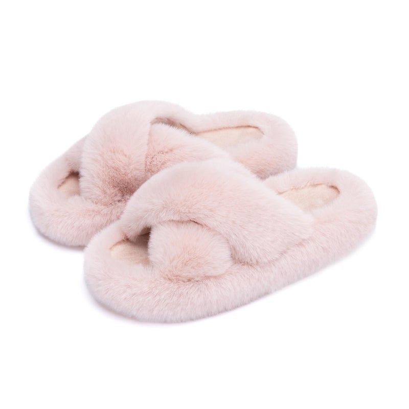 Chantomoo Women's Cross Slippers Memory Foam House Bedroom Slippers for Women Fuzzy Plush Comfy Faux Fur Lined Slide Shoes Anti-Skid Sole Trendy Gift Slippers Pink Size 9 10 8.5 - Image 1