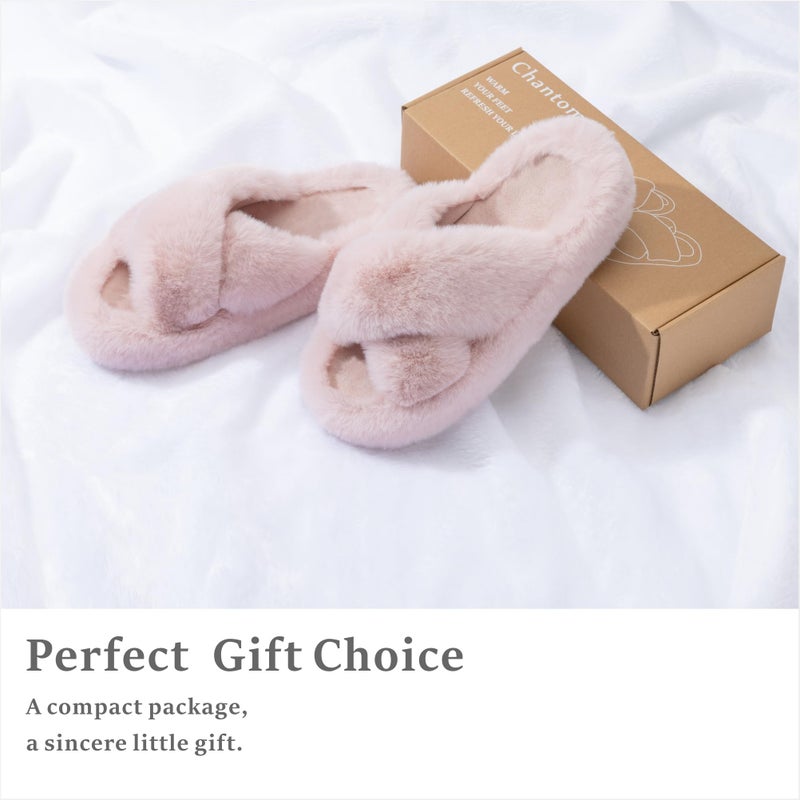 Chantomoo Women's Cross Slippers Memory Foam House Bedroom Slippers for Women Fuzzy Plush Comfy Faux Fur Lined Slide Shoes Anti-Skid Sole Trendy Gift Slippers Pink Size 9 10 8.5 - Image 4