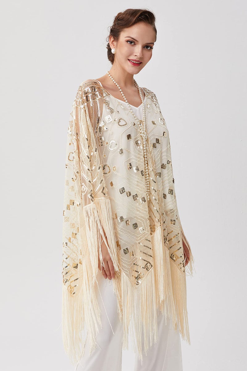 BABEYOND 1920s Beaded Shawl Wraps Sequin Fringed Evening Cape Wedding Bridal Shawl Scarf for Evening Dresses Party (Beige) - Image 2