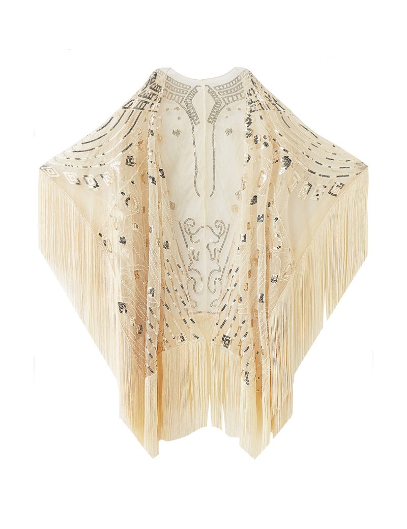 BABEYOND 1920s Beaded Shawl Wraps Sequin Fringed Evening Cape Wedding Bridal Shawl Scarf for Evening Dresses Party (Beige) - Image 1