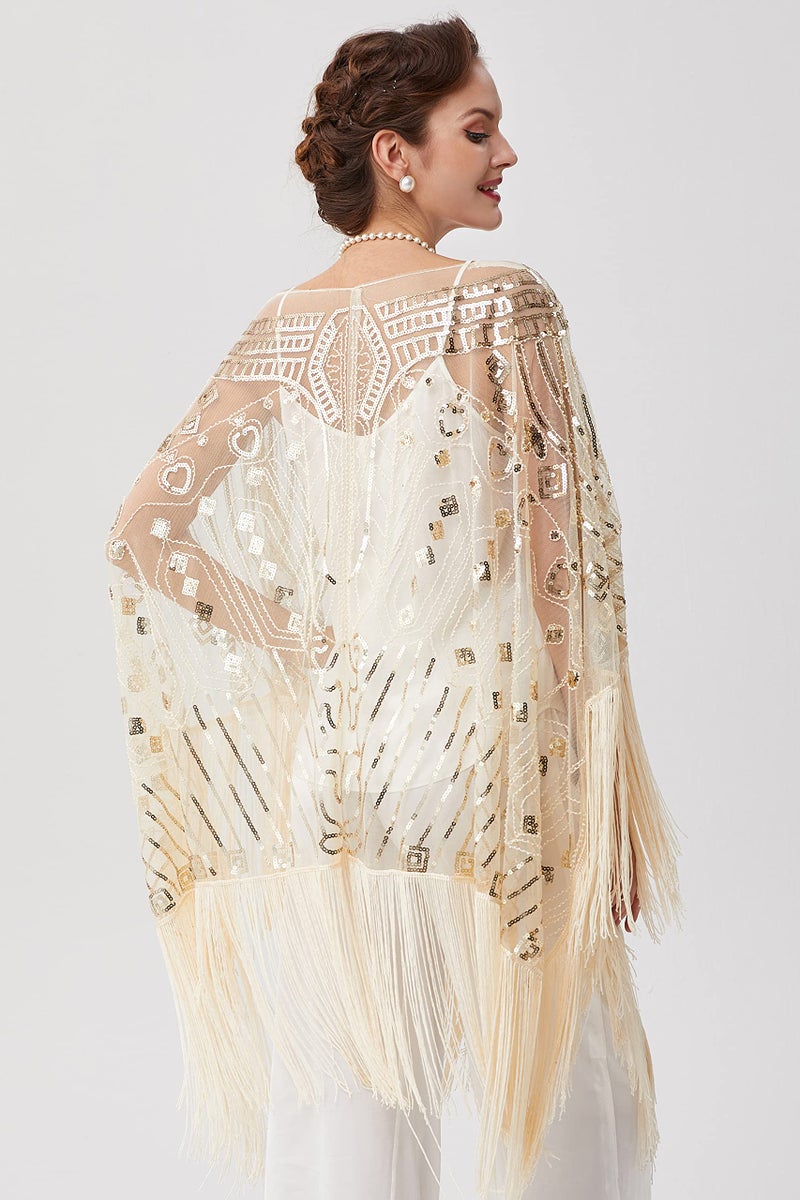 BABEYOND 1920s Beaded Shawl Wraps Sequin Fringed Evening Cape Wedding Bridal Shawl Scarf for Evening Dresses Party (Beige) - Image 4