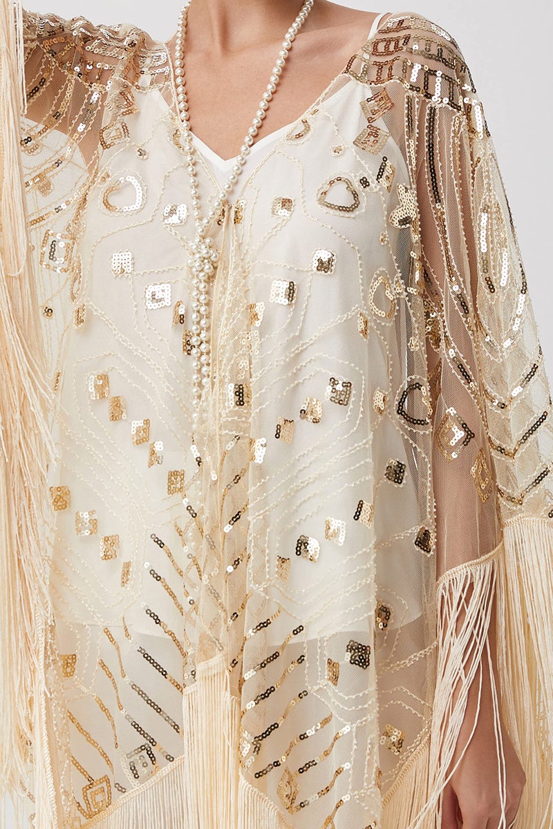 BABEYOND 1920s Beaded Shawl Wraps Sequin Fringed Evening Cape Wedding Bridal Shawl Scarf for Evening Dresses Party (Beige) - Image 3
