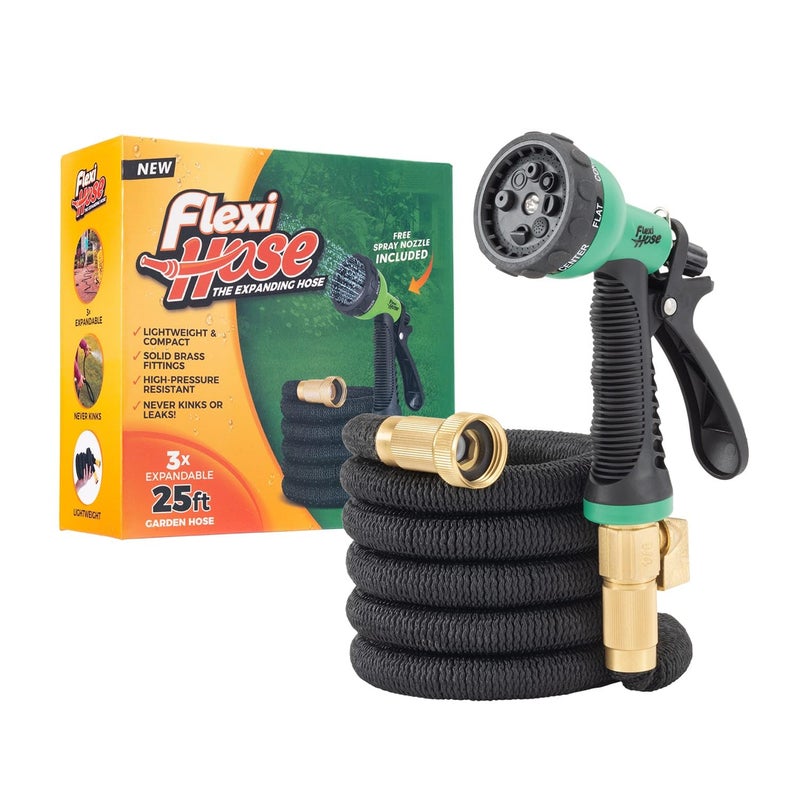 Flexi Hose Expandable Garden Hose with 8 Function Nozzle, 25FT - Lightweight Retractable Garden Hose, Water Hose - No-Kink Flexibility, 3/4 Inch Solid Brass Fittings and Double Latex Core - Image 1