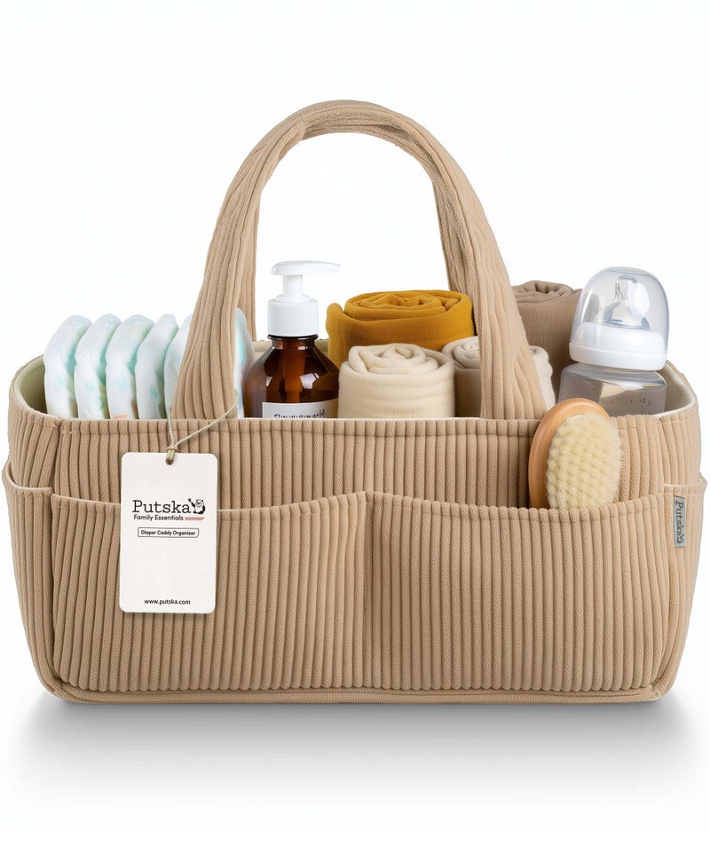 PUTSKA Baby Diaper Caddy Organizer for Changing Table â€“ Stylish Nursery Storage Basket, Newborn Essentials, Baby Shower Gifts and Registry Must-Haves for Boy or Girl, Car Diaper Caddy, Corduroy Mocha - Image 1