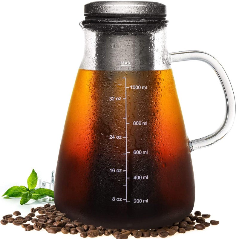 YMMIND YMMIND Cold Brew Iced Coffee Maker 34oz Brewed Coffee Pot with Removable Double Mesh 304 Stainless Steel Filter BPAFree Cold Brew Pitcher Glass Container Tea Maker 