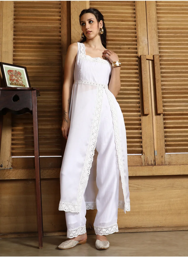 QISSA Qissa Women's Chalk White Threadwork Side-Slit Kurta Set For Casual Wear | Square Neck | Sleeveless | 2 Piece Kurta Set Designed With Comfort Fit For Everyday Ethnic Wear