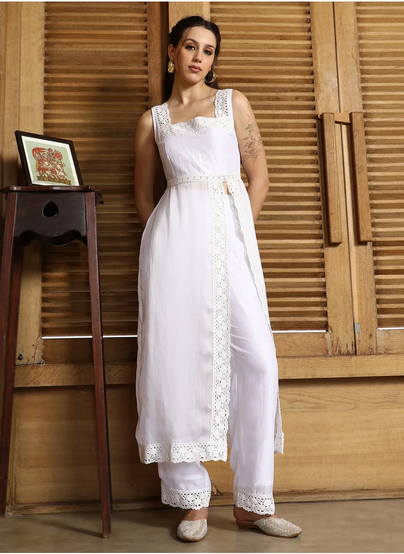 QISSA Qissa Women's Chalk White Threadwork Side-Slit Kurta Set For Casual Wear | Square Neck | Sleeveless | 2 Piece Kurta Set Designed With Comfort Fit For Everyday Ethnic Wear