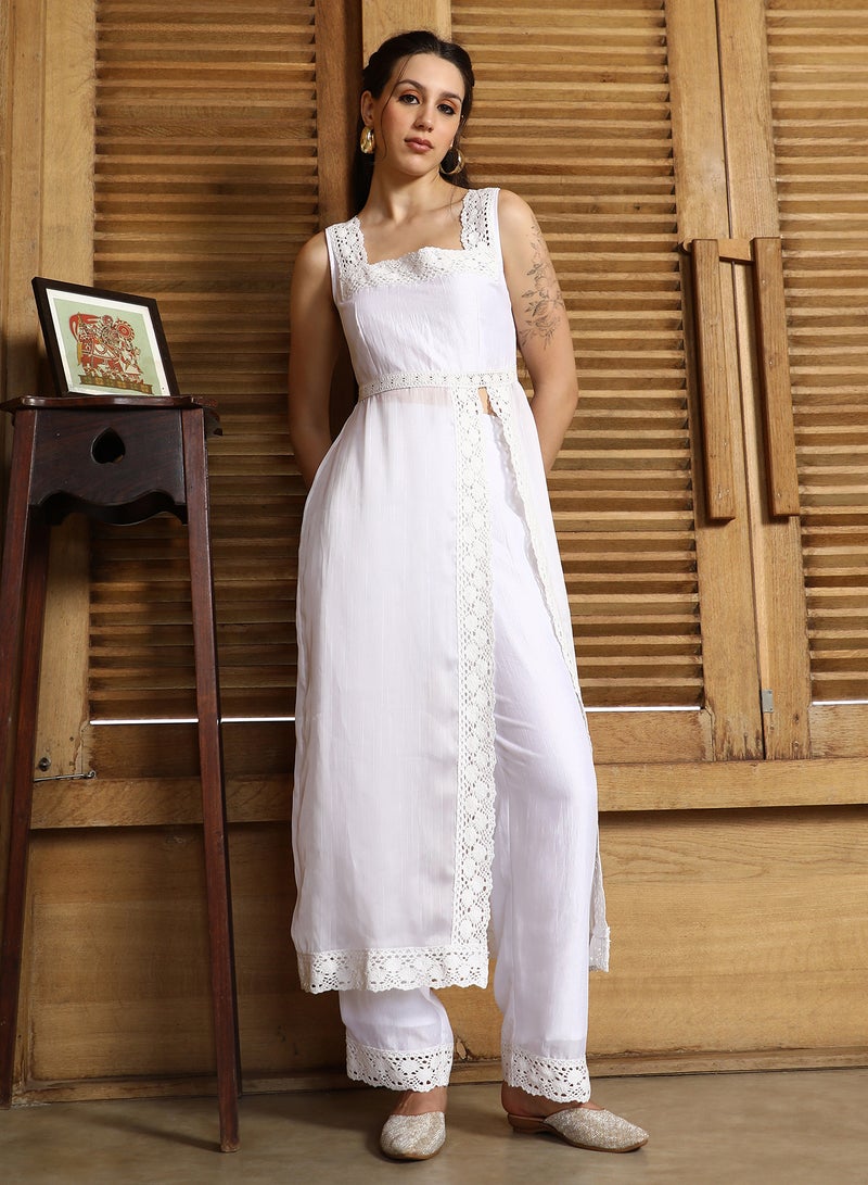QISSA Qissa Women's Chalk White Threadwork Side-Slit Kurta Set For Casual Wear | Square Neck | Sleeveless | 2 Piece Kurta Set Designed With Comfort Fit For Everyday Ethnic Wear  - Image 2