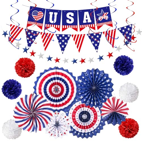 JIALWEN 4th of July Patriotic Party Decorations 6 Paper Fan 6 Flower Ball 1 USA Swallowtail Flag 1 USA Pennant Flag 1 Star Streamer 6 Swirl Independence Day Memorial Day Veterans Day Decor Supplies - Image 1