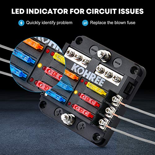 Kohree 6 Way Boat Fuse Block 12V, 12 Volt Marine Fuse Block Waterproof with LED Indicator, Automotive Fuse Box Holder 12V/24V with Negative Bus 30 PCS Fuses Panel for RV, Car, Boat, Marine - Image 2