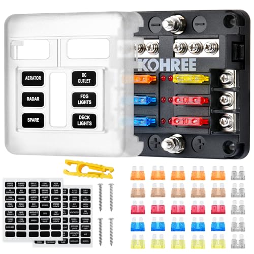 Kohree 6 Way Boat Fuse Block 12V, 12 Volt Marine Fuse Block Waterproof with LED Indicator, Automotive Fuse Box Holder 12V/24V with Negative Bus 30 PCS Fuses Panel for RV, Car, Boat, Marine - Image 1