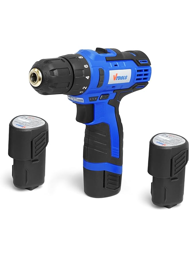 VTOOLS 12V Cordless Drill Driver With 1.5 Ah Lithium Ion Battery 1 Charger And 2 Battery 2 Variable Speed 10Mm Chuck Built In Led Light Carrying Case Blue Vt1202 Bmc - Image 1