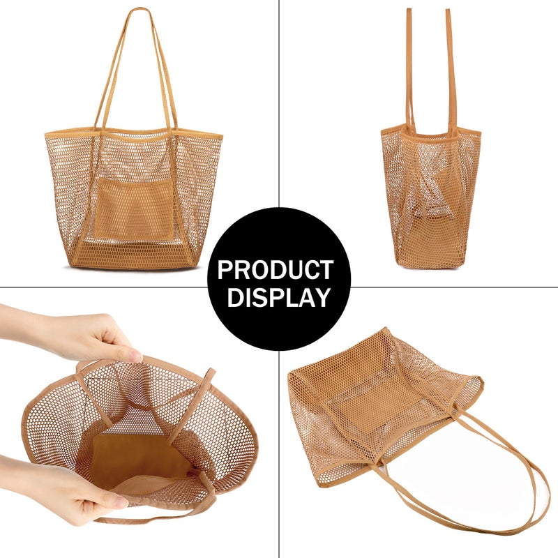 VOROLO Mesh Tote Beach Bag,Women Fairycore Hobo Bag,Shoulder Bag,Soft Summer Casual Crochet Bags(Khaki) - Image 5