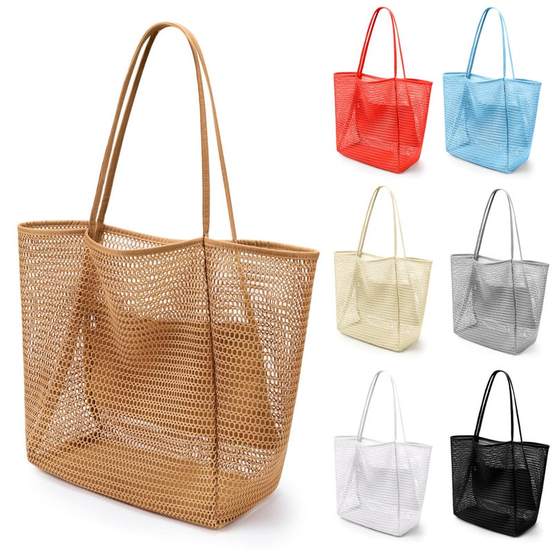 VOROLO Mesh Tote Beach Bag,Women Fairycore Hobo Bag,Shoulder Bag,Soft Summer Casual Crochet Bags(Khaki) - Image 1