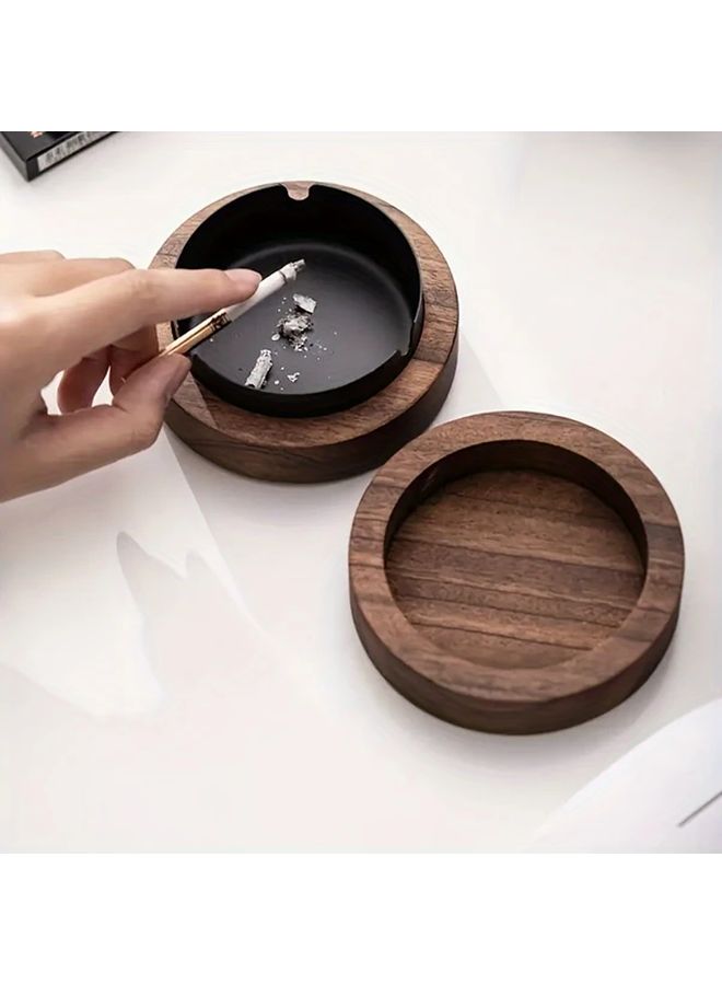 Silver Stainless Steel and Wood Ashtray with Lid for Home Office Use - Image 4