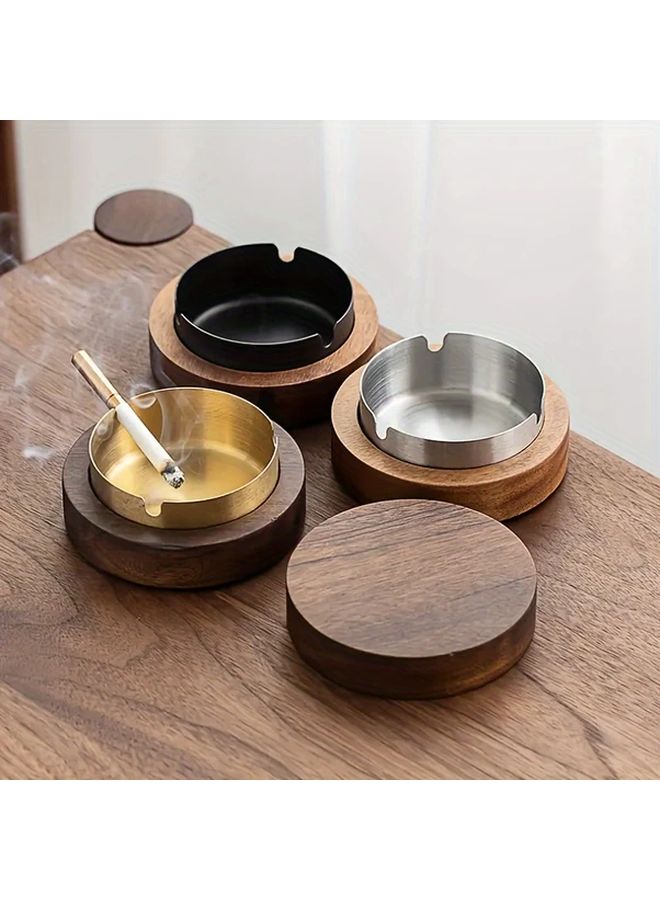 Silver Stainless Steel and Wood Ashtray with Lid for Home Office Use - Image 1
