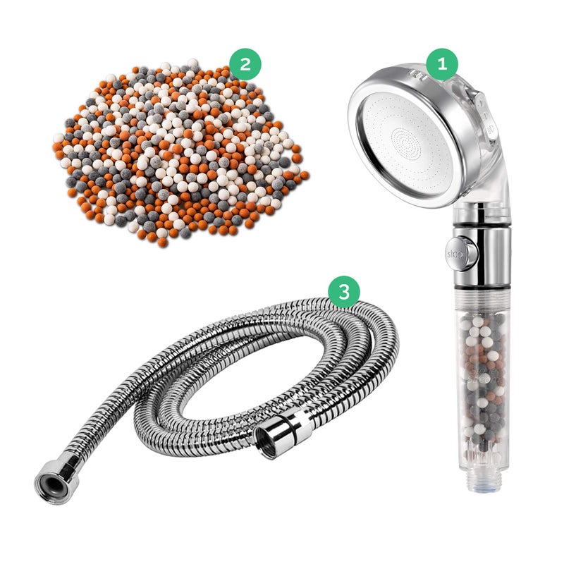 StoneStream® Shower Head Eco Power Original High Pressure Shower Head with Hose and Replacement Stones -3-in-1 Value Kit- with EcoStop Button for Non-Electric Showers Only - Image 1