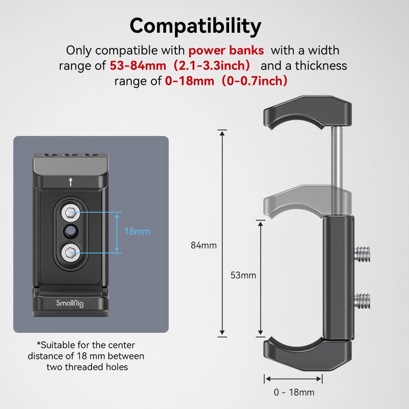 SmallRig Aluminum Power Bank Holder, Powerbank Mount Clamp Compatible with Width Range: 53 mm–84 mm (2.1–3.3 inches) and Thickness Range: 0 mm–18 mm (0–0.7 inch) Power Banks - BUB2336 - Image 2