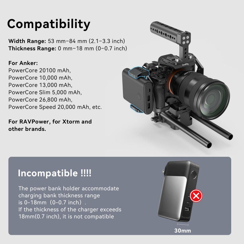 SmallRig Aluminum Power Bank Holder, Powerbank Mount Clamp Compatible with Width Range: 53 mm–84 mm (2.1–3.3 inches) and Thickness Range: 0 mm–18 mm (0–0.7 inch) Power Banks - BUB2336 - Image 4