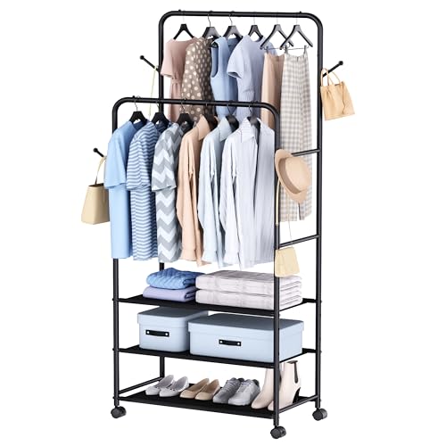 Whitmor Double Rod Clothes Rack Metal Rolling Clothing Racks for Hanging Clothes Heavy Duty Garment Rack with 3 Shelves Portable Clothes Organizer for Bedroom Laundry Living Room Black - Image 1