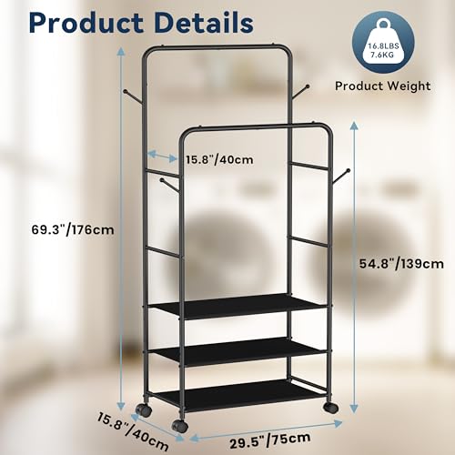 Whitmor Double Rod Clothes Rack Metal Rolling Clothing Racks for Hanging Clothes Heavy Duty Garment Rack with 3 Shelves Portable Clothes Organizer for Bedroom Laundry Living Room Black - Image 3