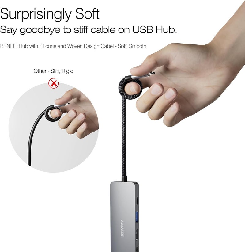 Benfei محور USB C 5 في 1 مع HDMI بدقة 4K (معتمد)، شحن بقوة 100 واط، 3 منافذ USB-A، كابل سيليكون، هيكل ألمنيوم متوافق مع MacBook Pro/Air، iPad Pro، iMac، iPhone 15 Pro/Pro Max، XPS، Thinkpad - Image 2