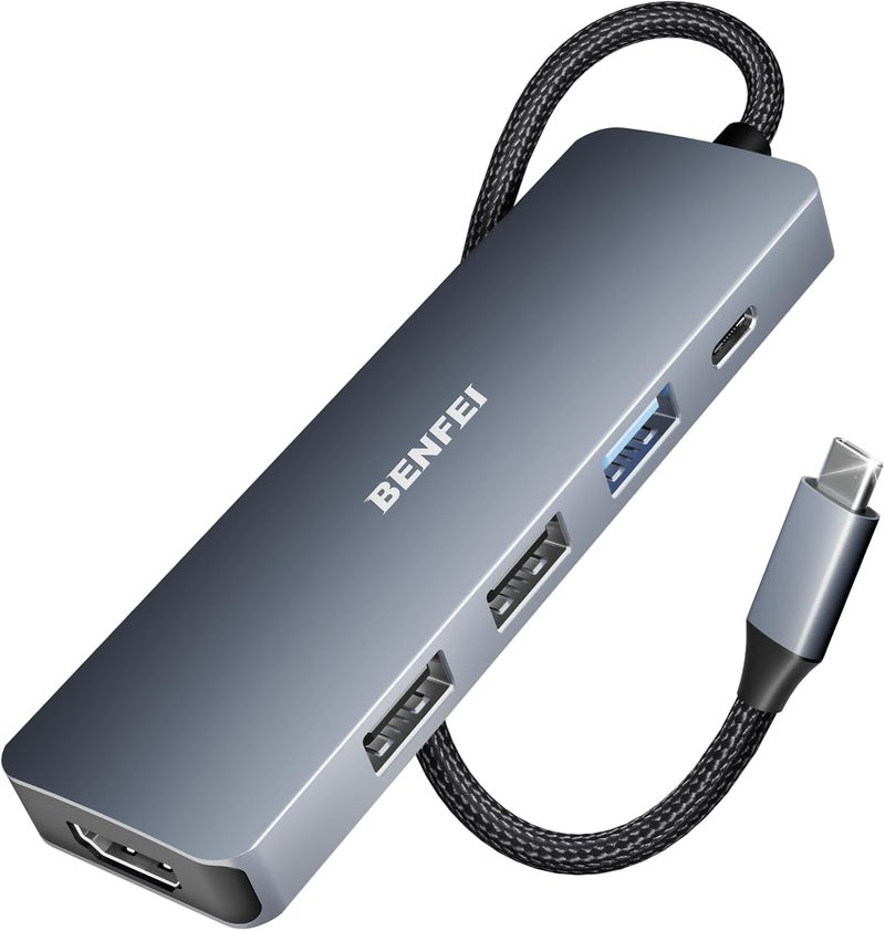 Benfei محور USB C 5 في 1 مع HDMI بدقة 4K (معتمد)، شحن بقوة 100 واط، 3 منافذ USB-A، كابل سيليكون، هيكل ألمنيوم متوافق مع MacBook Pro/Air، iPad Pro، iMac، iPhone 15 Pro/Pro Max، XPS، Thinkpad - Image 1