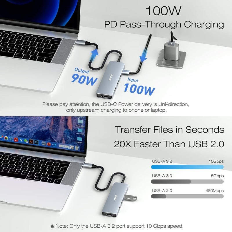 Benfei محور USB C 5 في 1 مع HDMI بدقة 4K (معتمد)، شحن بقوة 100 واط، 3 منافذ USB-A، كابل سيليكون، هيكل ألمنيوم متوافق مع MacBook Pro/Air، iPad Pro، iMac، iPhone 15 Pro/Pro Max، XPS، Thinkpad - Image 5
