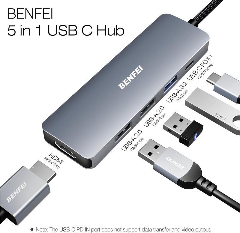 Benfei محور USB C 5 في 1 مع HDMI بدقة 4K (معتمد)، شحن بقوة 100 واط، 3 منافذ USB-A، كابل سيليكون، هيكل ألمنيوم متوافق مع MacBook Pro/Air، iPad Pro، iMac، iPhone 15 Pro/Pro Max، XPS، Thinkpad - Image 3
