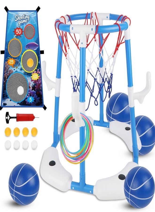 yofit Pool Basketball Hoop, 3-in-1 Floating Pool Games with Rings Ball Toss, Summer Outdoor Pool Toys for Kids Adults Ages 4-12 Basketball Hoop for Swimming Poolside Backyard (Blue) - Image 1