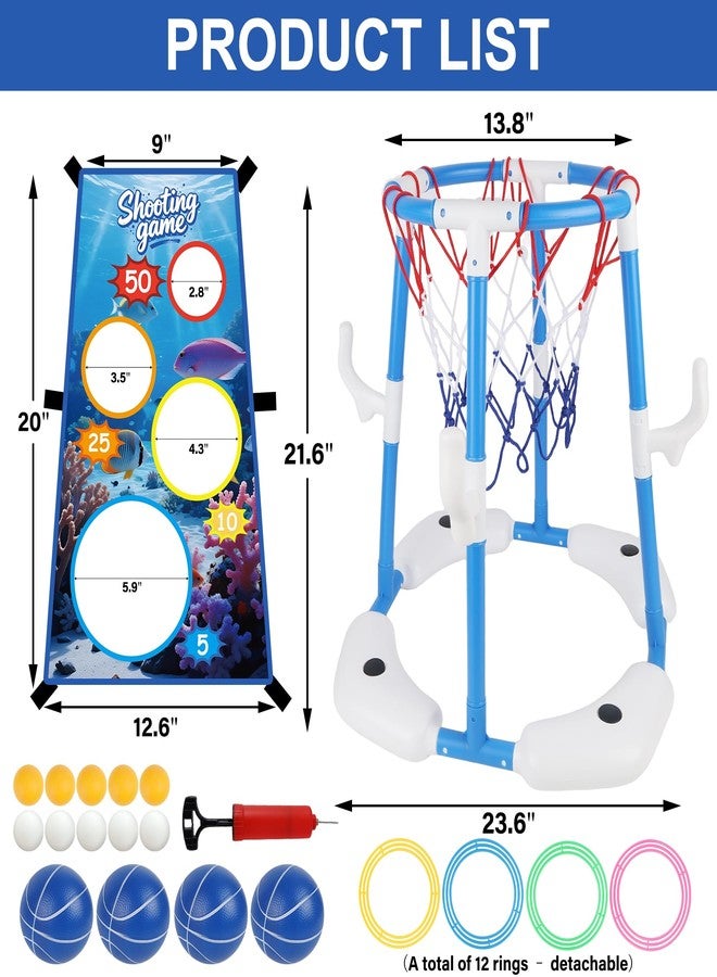 yofit Pool Basketball Hoop, 3-in-1 Floating Pool Games with Rings Ball Toss, Summer Outdoor Pool Toys for Kids Adults Ages 4-12 Basketball Hoop for Swimming Poolside Backyard (Blue) - Image 3