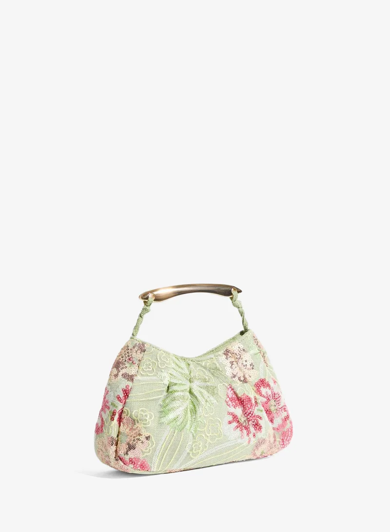 Floral Sequin Mini Handbag with Bar Handle