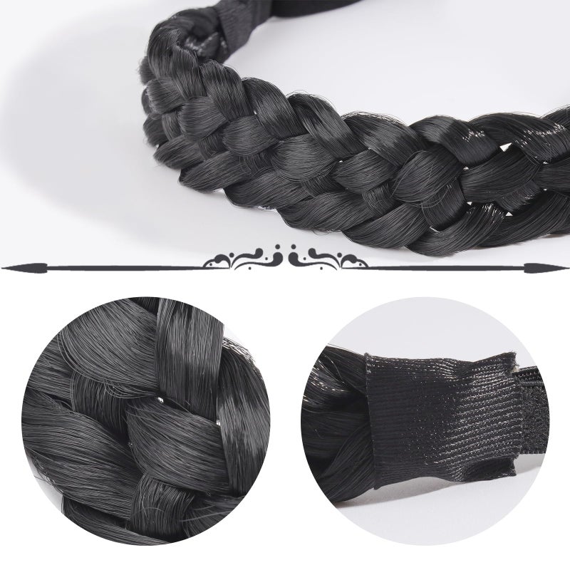 Fumwase 5 Strands Synthetic Hair Braided Headbands Stretch Elastic Classic Chunky Wide Plaited Hair Braids Braid Band Boho Black Headband for Women Girls Women's Padded Wig Beauty Accessories (Black) - Image 3