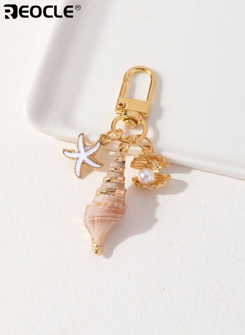 REOCLE Seaside Motif Keychain with Starfish Shell Pearl Details Decorative Portable Key Holder Versatile Accessory for Daily Use & Styling - Image 1