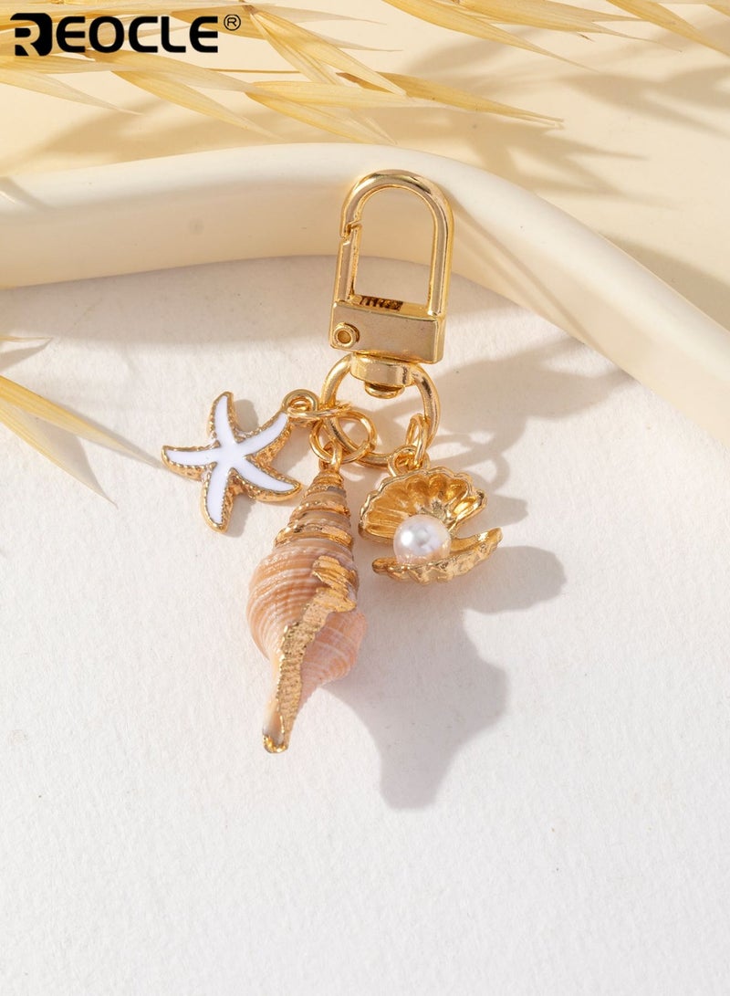 REOCLE Seaside Motif Keychain with Starfish Shell Pearl Details Decorative Portable Key Holder Versatile Accessory for Daily Use & Styling - Image 2